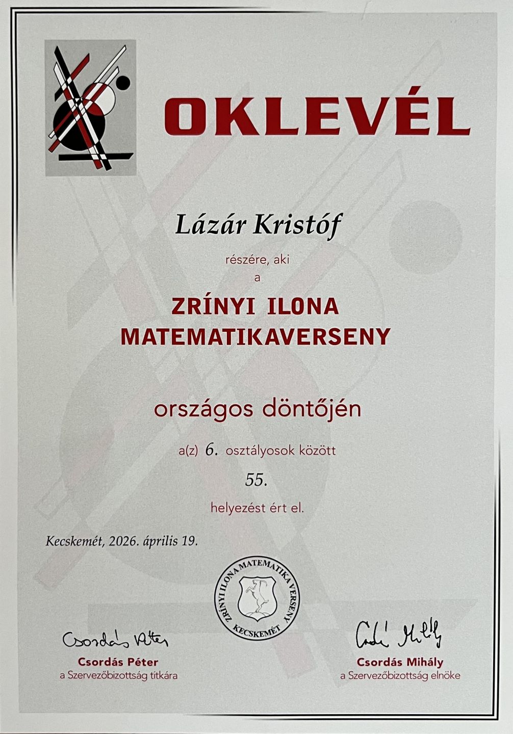 XXXVII. Zrínyi Ilona Matematikaverseny  országos döntő